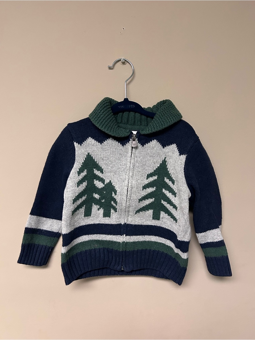 Kids Knit Zip-Up Sweater Jacket with Tree Pattern - Green & Navy